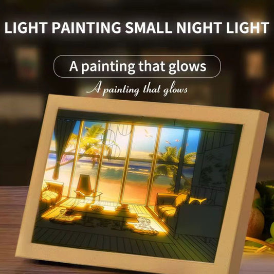 Small night light with a scenic design on a wooden surface