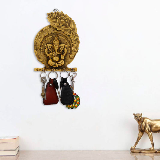 Golden Lord Ganesha Mor Pankh 4 Hooks Key Holder - Havenly Homes