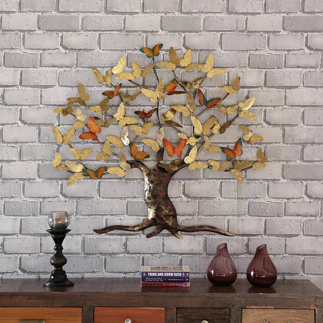 Golden Metallic Butterfly Tree Wall Art Decor For Living Room - Havenly Homes