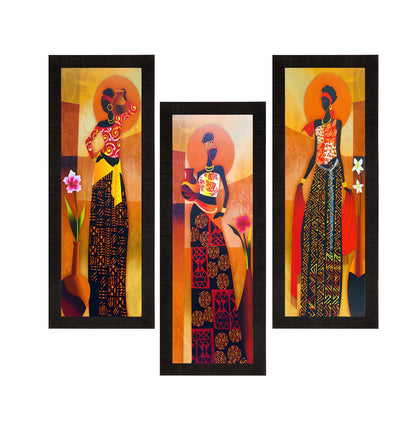 Set of 3 Tribal Village Ladies Wall Décor Paintings