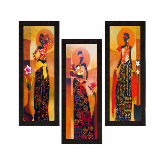 Set of 3 Tribal Village Ladies Wall Décor Paintings