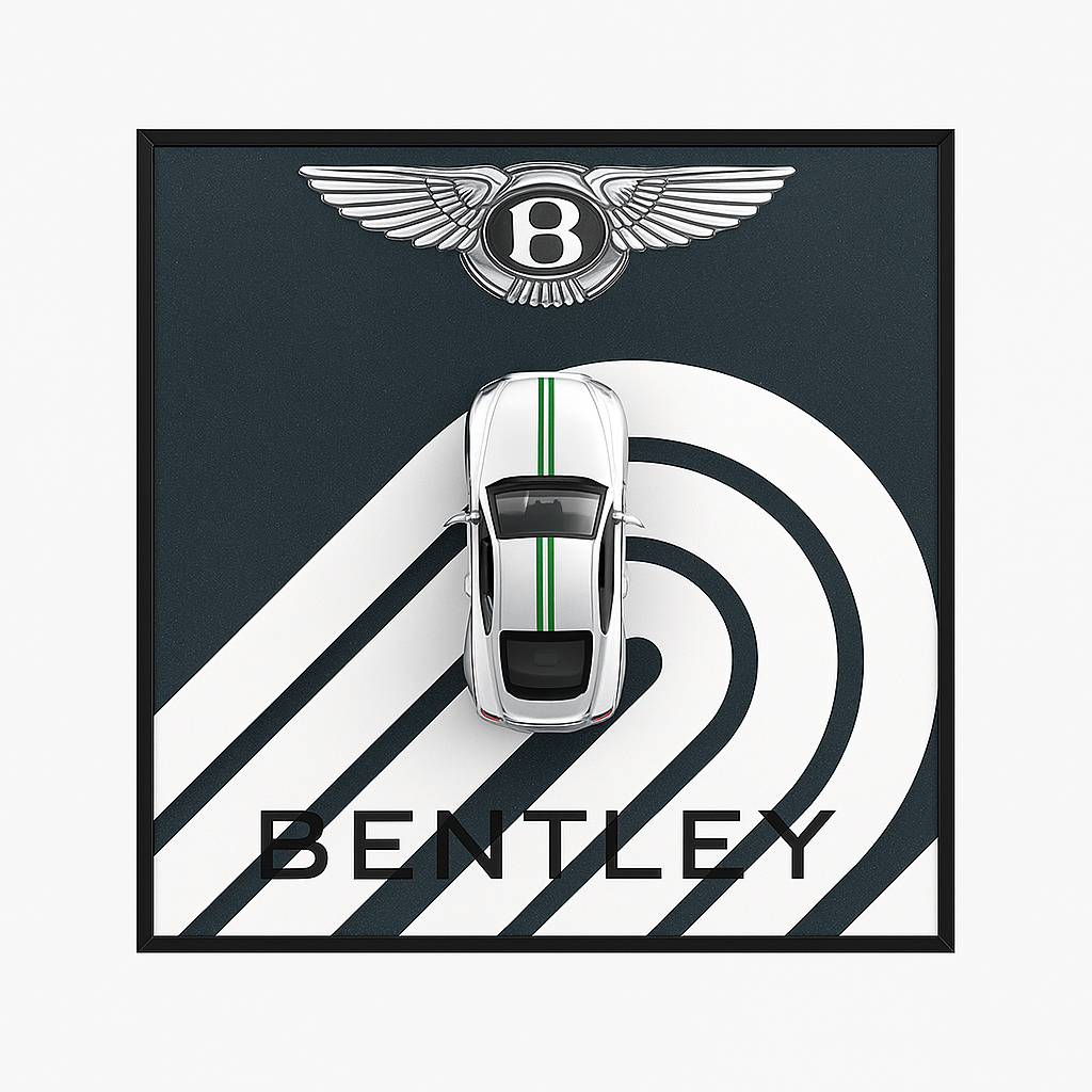 Bentley logo with a car design on a black and white background
