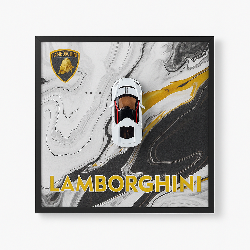 Framed artwork with Lamborghini logo and car on a marbled background