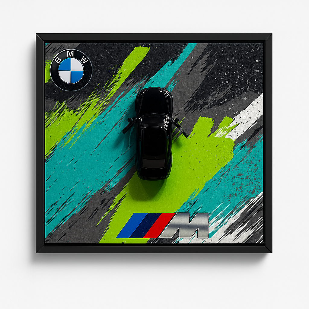 Framed artwork with BMW logo and car on a colorful abstract background