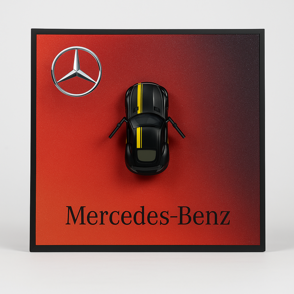 Mercedes-Benz model car on a red background with the brand logo.