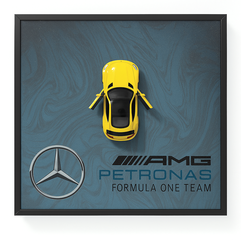 Framed artwork with a yellow car, Mercedes-Benz logo, and AMG Petronas Formula One Team text on a blue background.