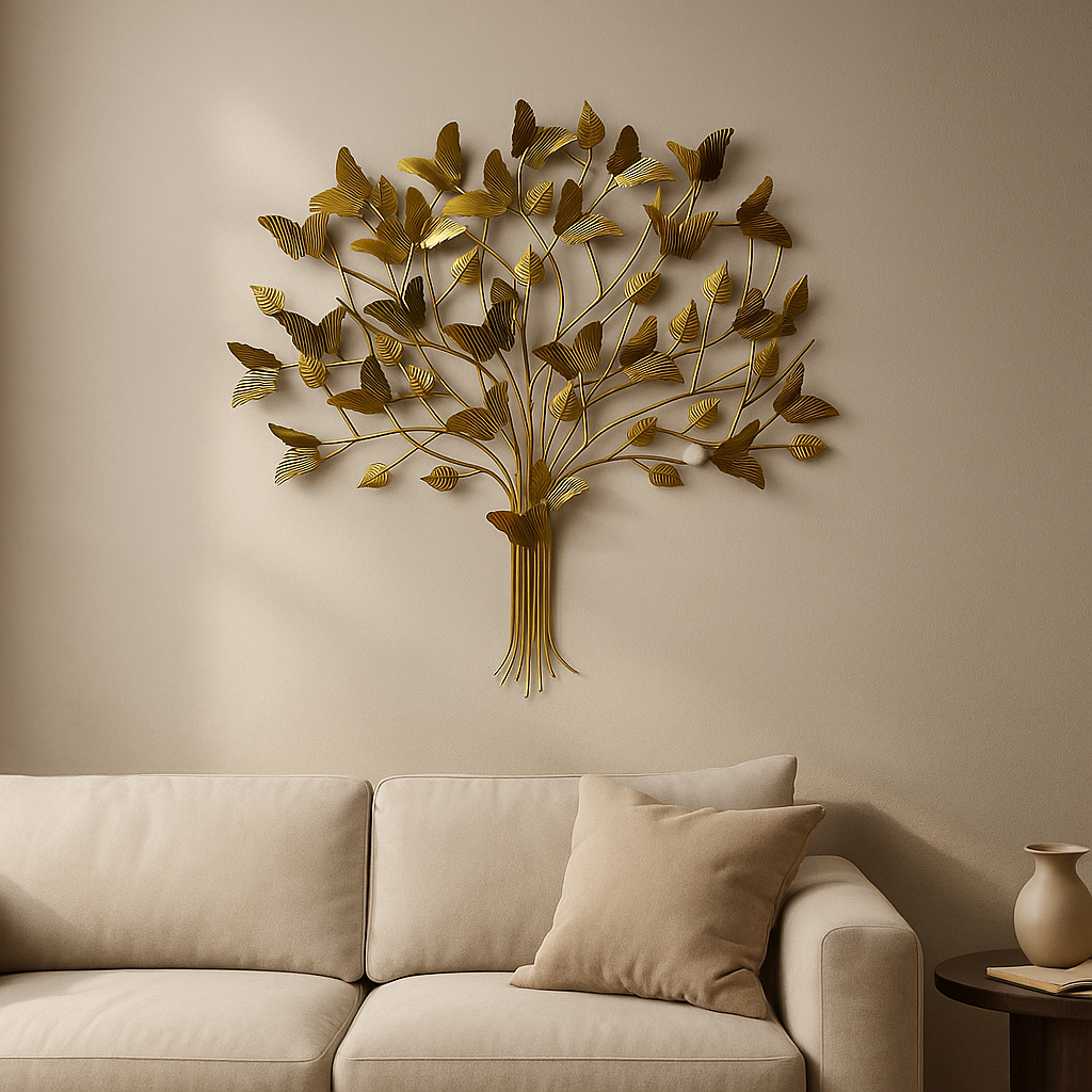 Decorative metal tree wall art on a beige wall above a beige sofa.
