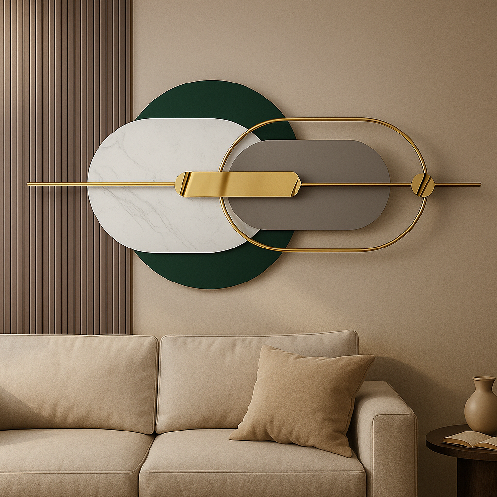 Decorative wall art with geometric design in a living room setting
