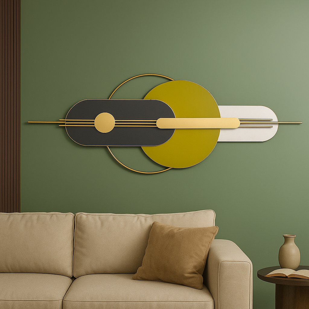 Decorative wall art with geometric design on a green wall above a beige sofa.