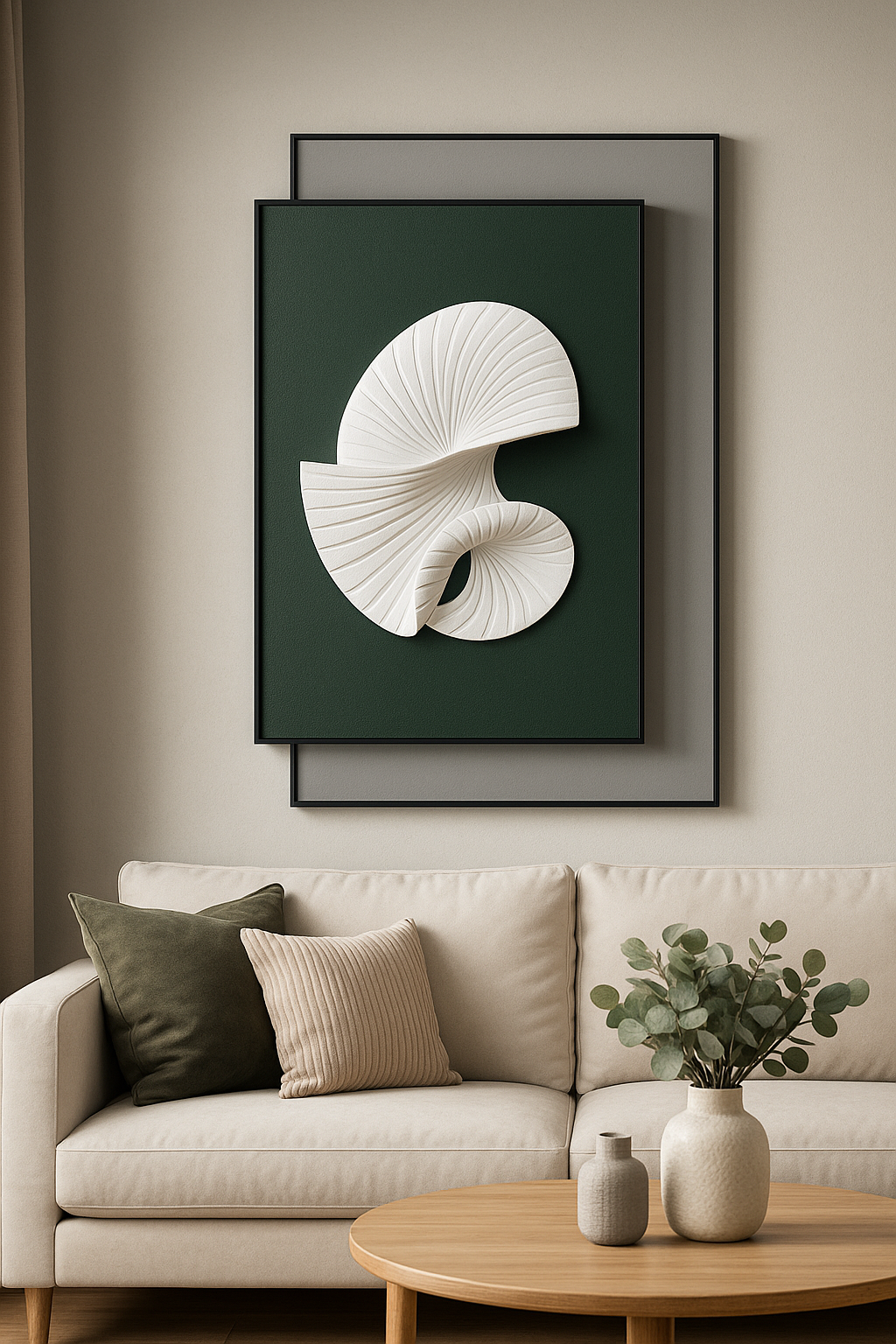 Framed artwork of a shell on a wall above a beige sofa with decorative pillows and a small table.