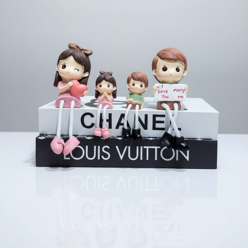 Figurines on a stand with 'Chanel' and 'Louis Vuitton' branding on a white background