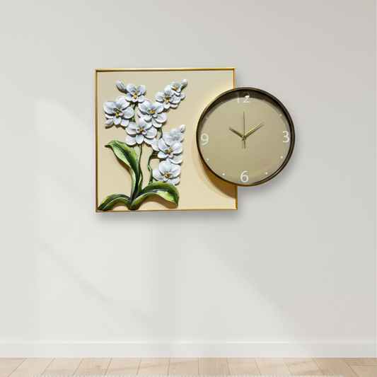 Decorative wall clock with floral design on a white wall.