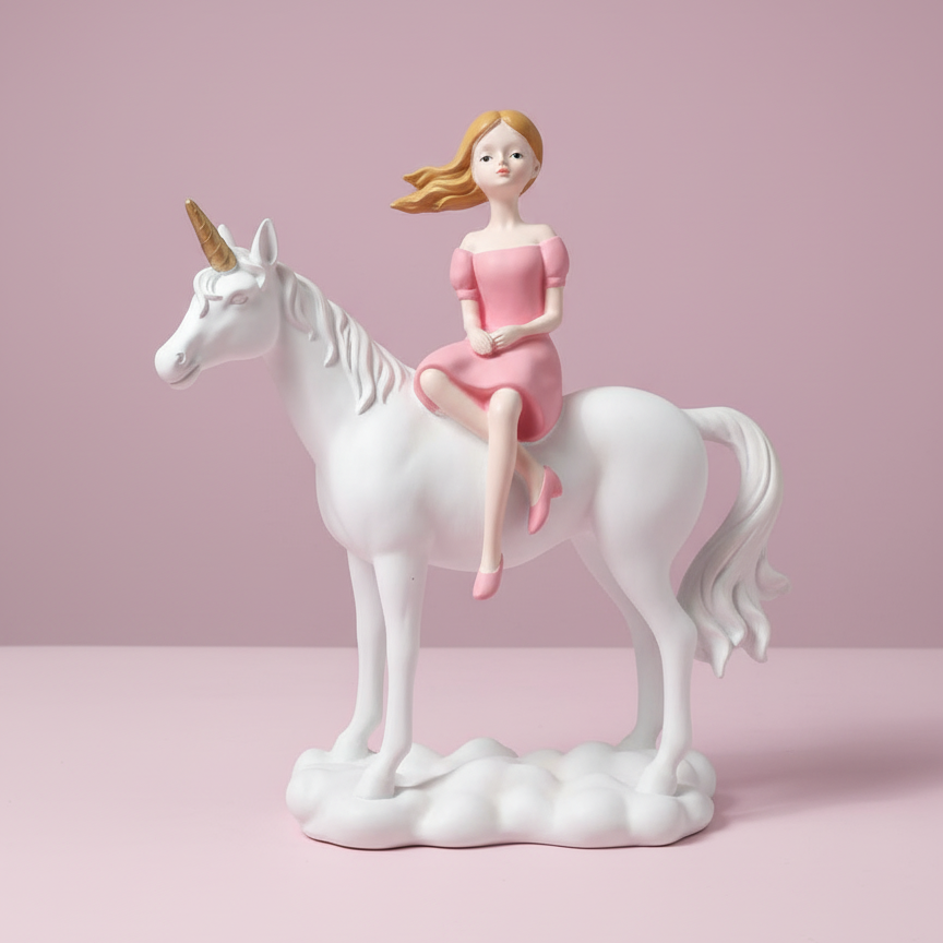 Figurine of a girl in a pink dress sitting on a white unicorn against a pink background