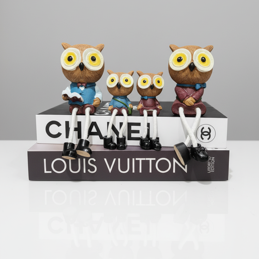 Three owl figurines on top of a Louis Vuitton book with a gray background