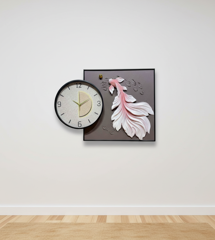 Decorative wall clock and art piece on a white wall with wooden floor.