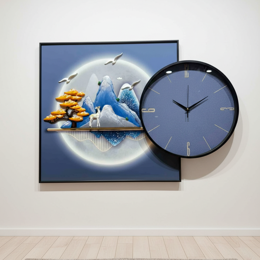 Framed artwork with mountains and birds next to a round wall clock on a white wall.