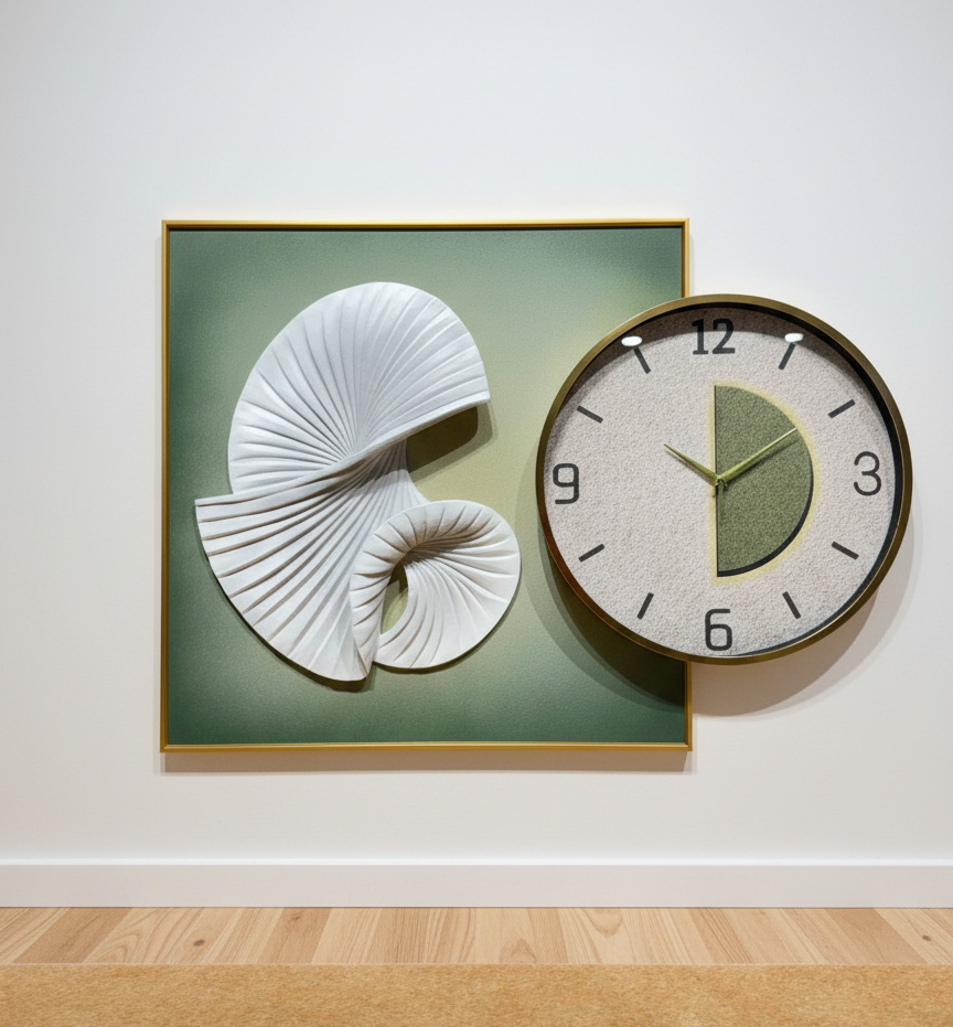 Framed artwork with abstract shapes on a wall