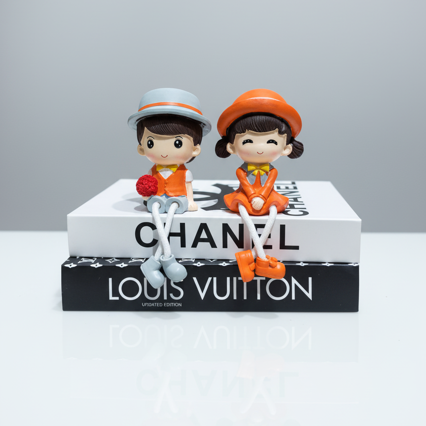 Two small figurines on a Chanel and Louis Vuitton book with a gray background