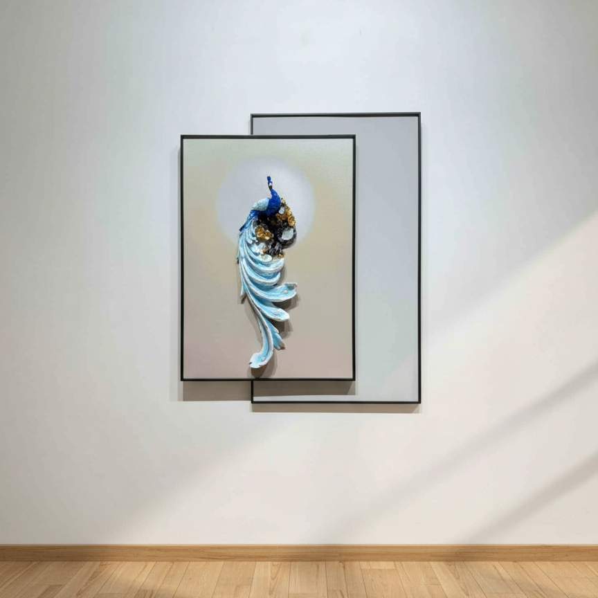 Decorative wall art piece on a plain wall with a wooden floor.