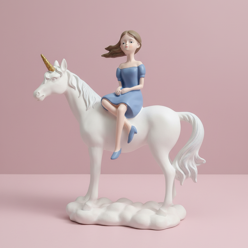 Figurine of a girl riding a unicorn on a pink background