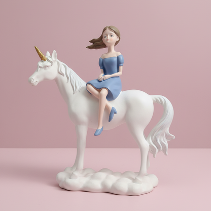 Figurine of a girl riding a unicorn on a pink background