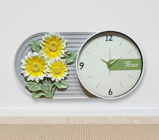 Decorative wall clock with floral design on a white wall.