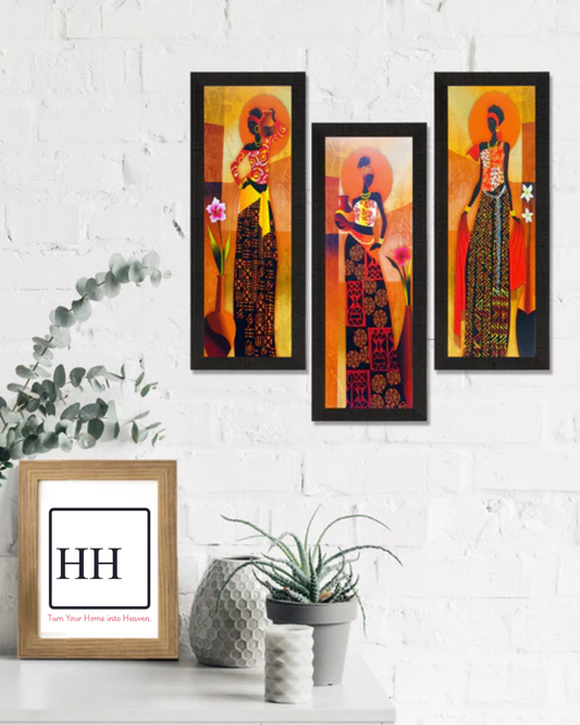Set of 3 Tribal Village Ladies Wall Décor Paintings