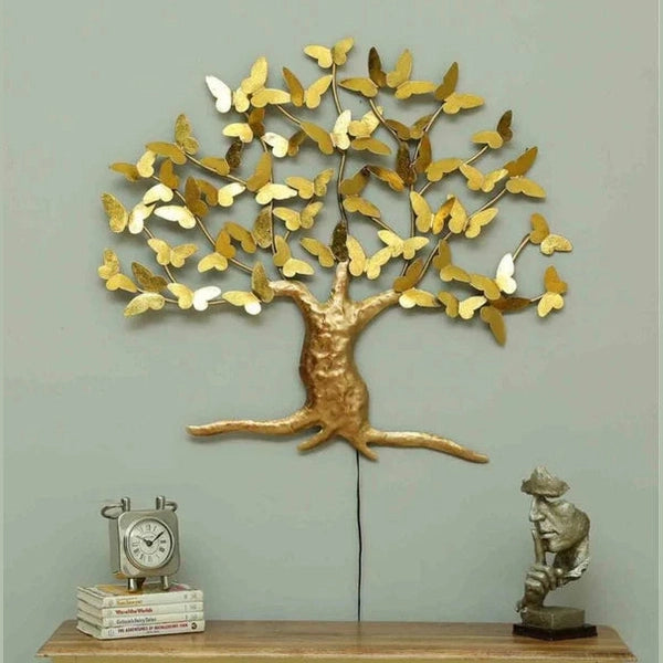 Golden Metallic Butterfly Tree Wall Art Decor For Living Room - Havenly Homes
