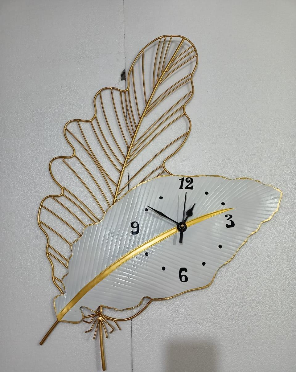 White Leaf Time Wall Clock Elegant Iron Leaf Design Home Décor Clock - Havenly Homes