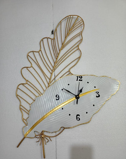 White Leaf Time Wall Clock Elegant Iron Leaf Design Home Décor Clock - Havenly Homes